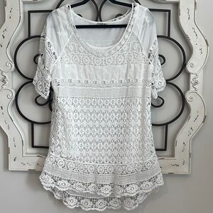 ONE WORLD LIVE AND LET LIVE EMBROIDERED CROCHET LACE TUNIC TOP WHITE SIZE LARGE